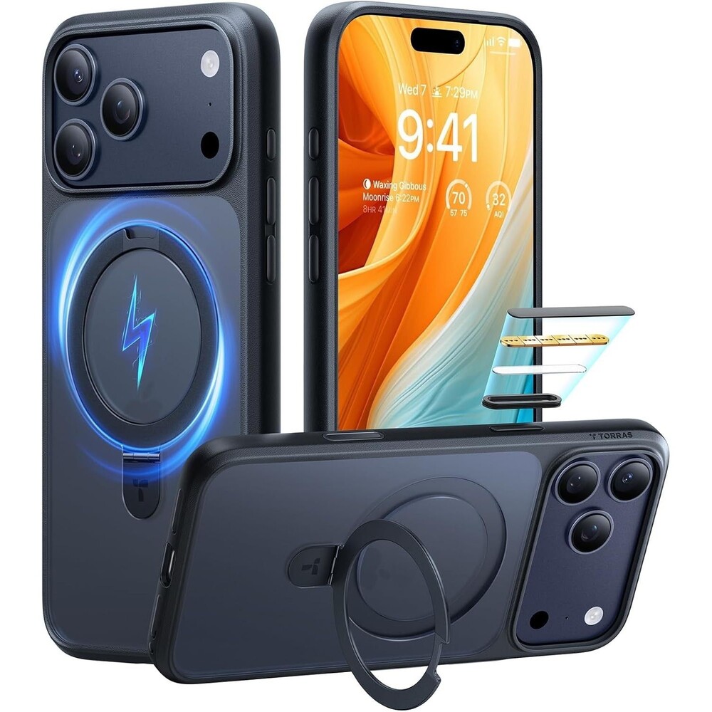 TORRAS Ostand Magnetic for iPhone 17 Pro Case, Translucent Matte Cover Black